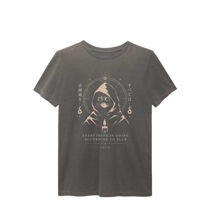Camiseta Estonada Gato Místico According to Plan - Estampa Ocultista Sépia