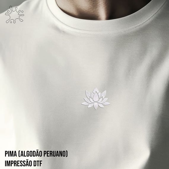 Camiseta Pima (alg. Peruano) Flor de Lótus branca (efeito brilho)