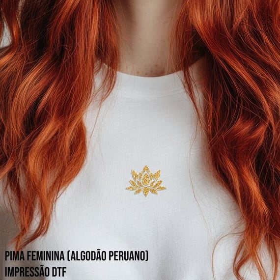 Camiseta Pima Fem (alg. Peruano) Flor de Lótus dourada (efeito brilho)