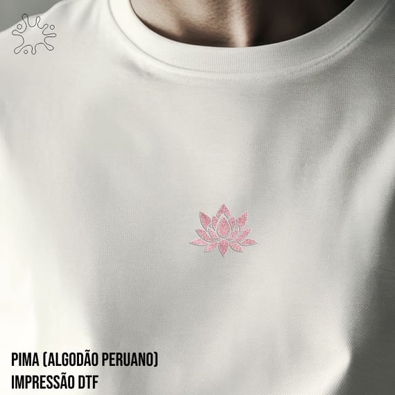 Camiseta Pima (alg. peruano) Flor de Lótus Rosa (efeito brilho)