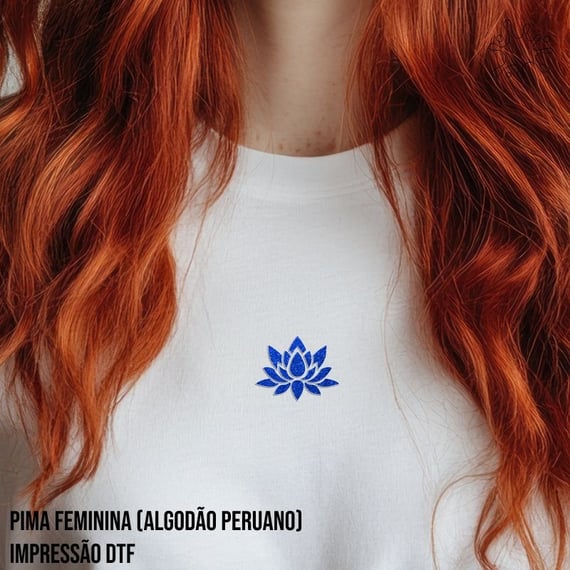 Camiseta Pima Fem (alg. peruano) Flor de Lótus Azul (efeito brilho)