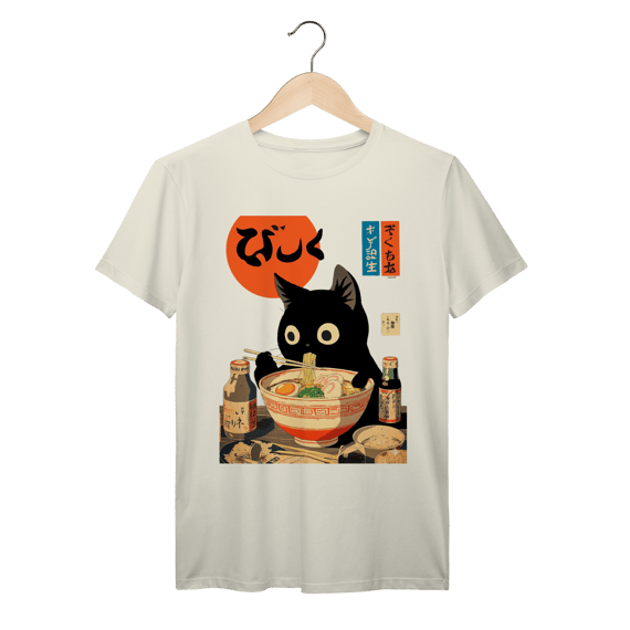 Camiseta Gato Ramen Japonês Anime Vintage Algodão Prime