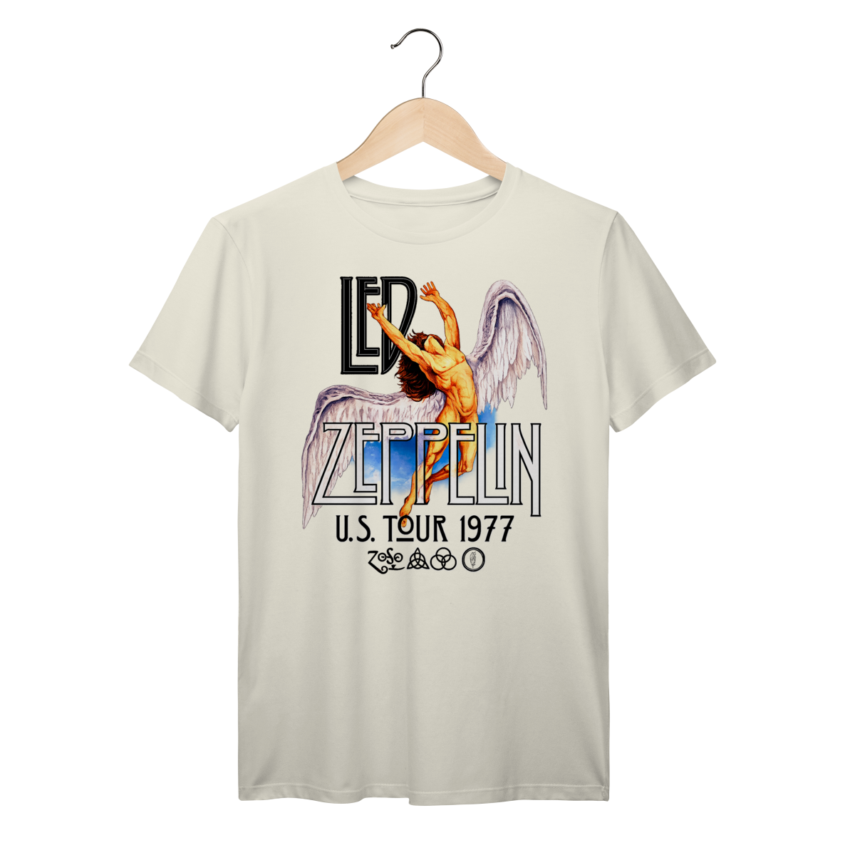 Nome do produto: Camiseta Led Zeppelin Vintage Tour 1977 Angel Wings Rock Clássico Algodão Prime