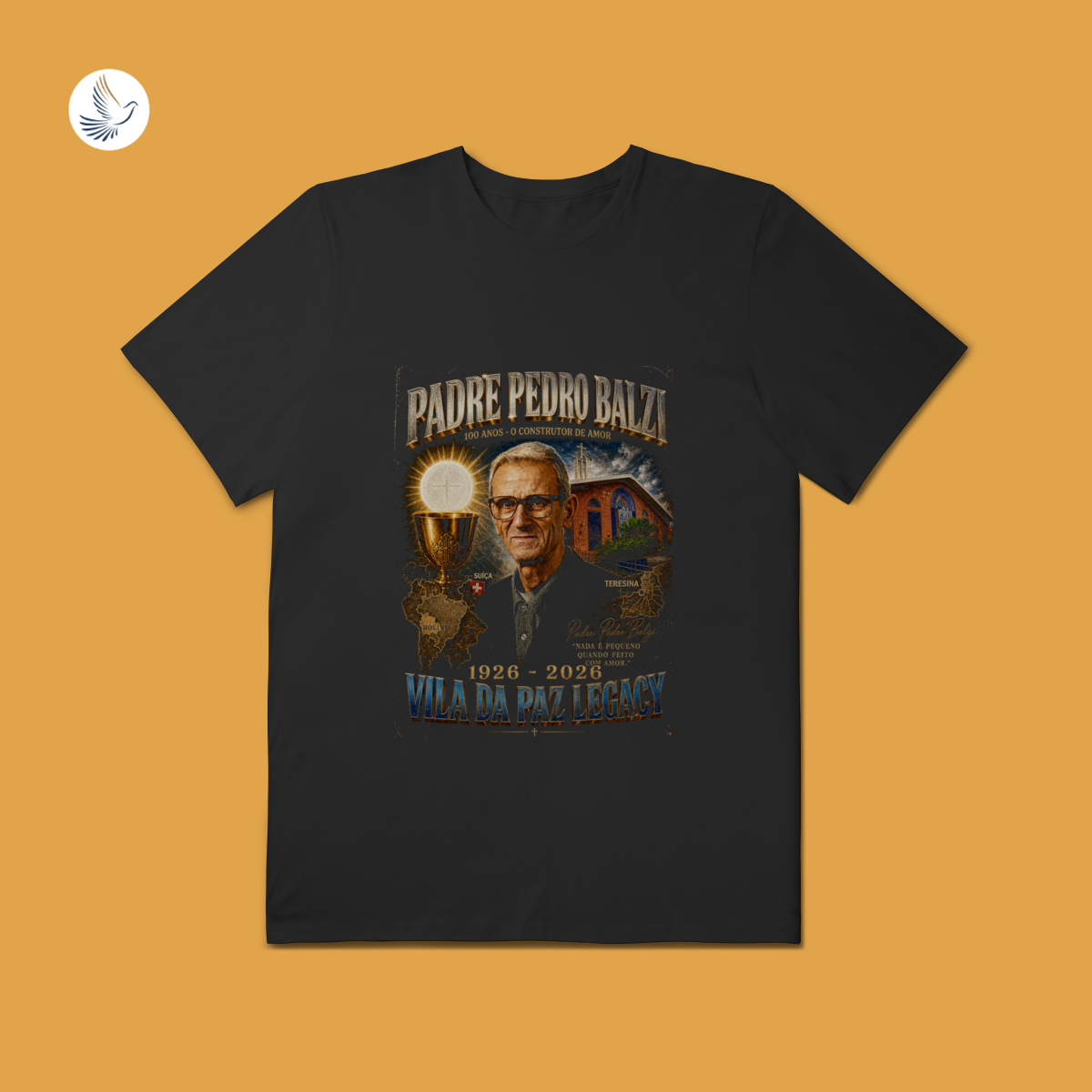 Nome do produto: Camiseta Padre Pedro Balzi - Legado e Fé Eucarística (PLUS)