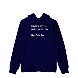 Nome do produtoGatos, Wi-fi, Minha Cama, Perfeição [Moletom Prime Canguru]