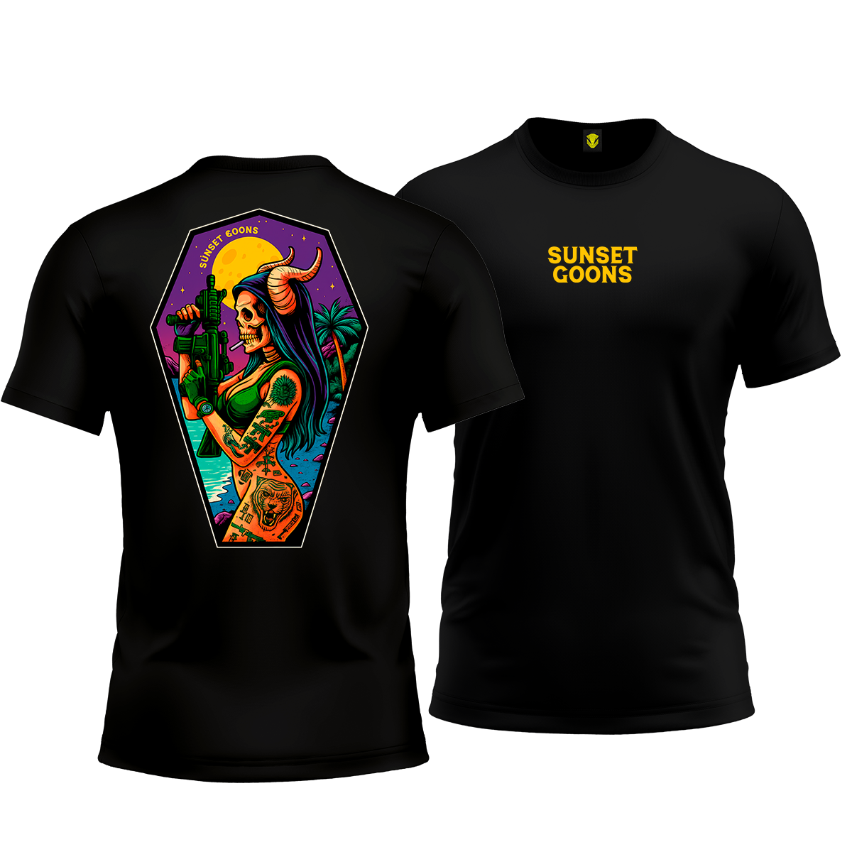 Nome do produto: Camiseta Sunset Goons – Tropical Skull Operator - Mamba Army
