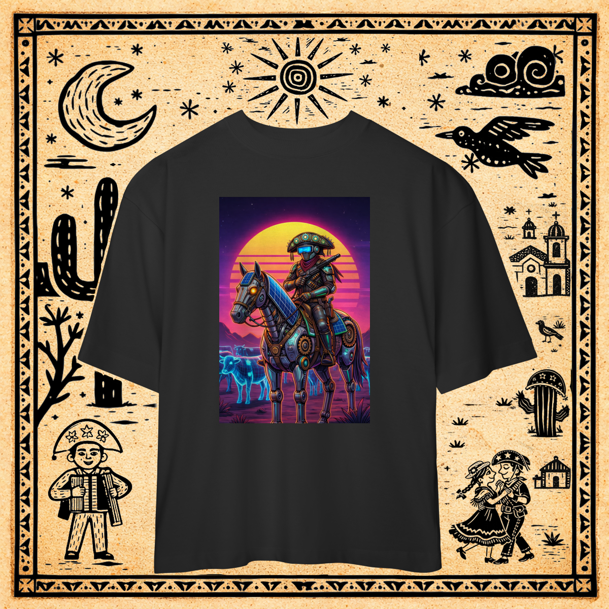 Nome do produto: Oversized - Camiseta Cyber-Cangaceiro & Montaria Mecha