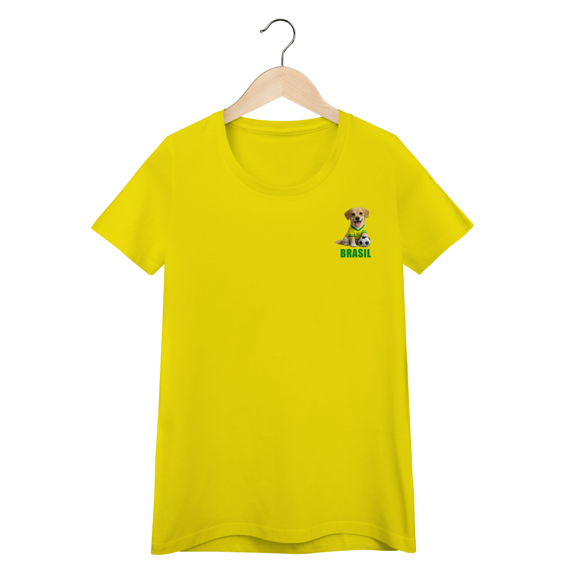 Nome do produto: Camiseta Feminina Baby Look Brasil Cachorrinho Futebol