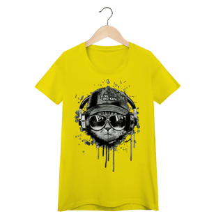 Nome do produto Camiseta Feminina Baby Look Gato Ouvindo Música de Boné e Óculos