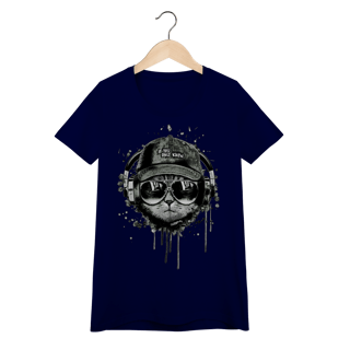Nome do produto Camiseta Feminina Baby Look Gato Ouvindo Música de Boné e Óculos