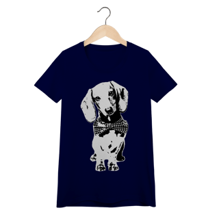 Nome do produto Camiseta Feminina Baby Look Dachshund de Gravatinha em Preto e Branco