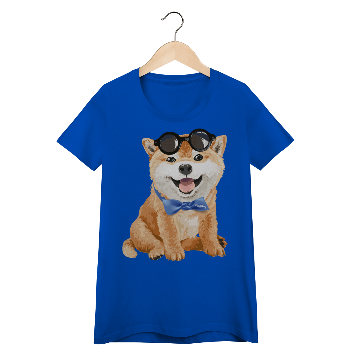 Nome do produto: Camiseta Feminina Baby Look Akita Filhote de Óculos e Gravatinha