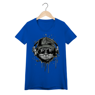 Nome do produto Camiseta Feminina Baby Look Gato Ouvindo Música de Boné e Óculos