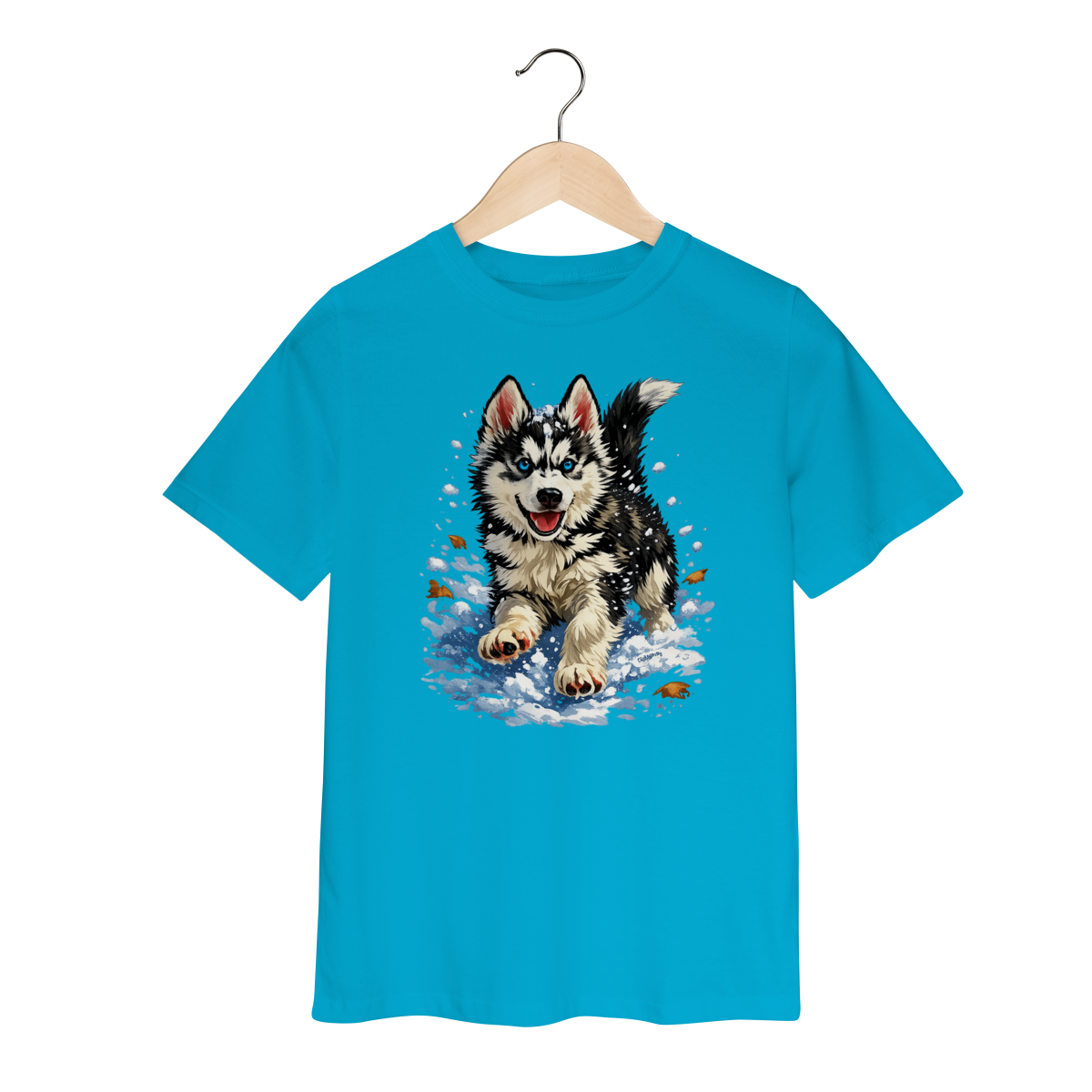 Nome do produto: Camiseta Infantil Husky Siberiano Correndo na Neve