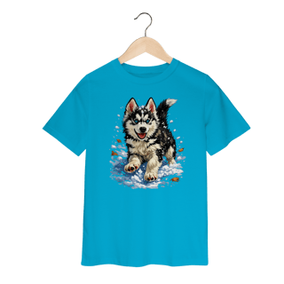 Camiseta Infantil Husky Siberiano Correndo na Neve