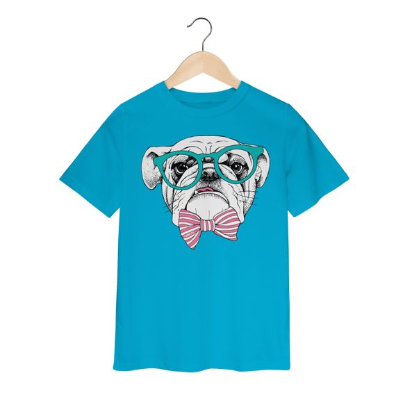Camiseta Infantil Bulldog Inglês de Óculos e Gravatinha