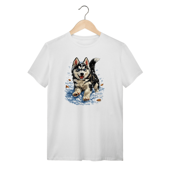 Camiseta Husky Siberiano Correndo na Neve