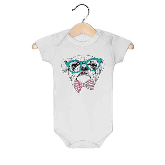 Body Bebê Bulldog Inglês de Óculos e Gravatinha