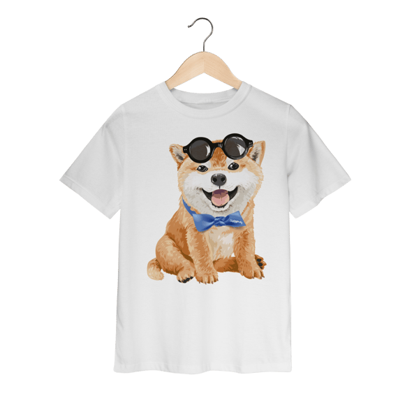 Camiseta Infantil Akita Filhote de Óculos e Gravatinha