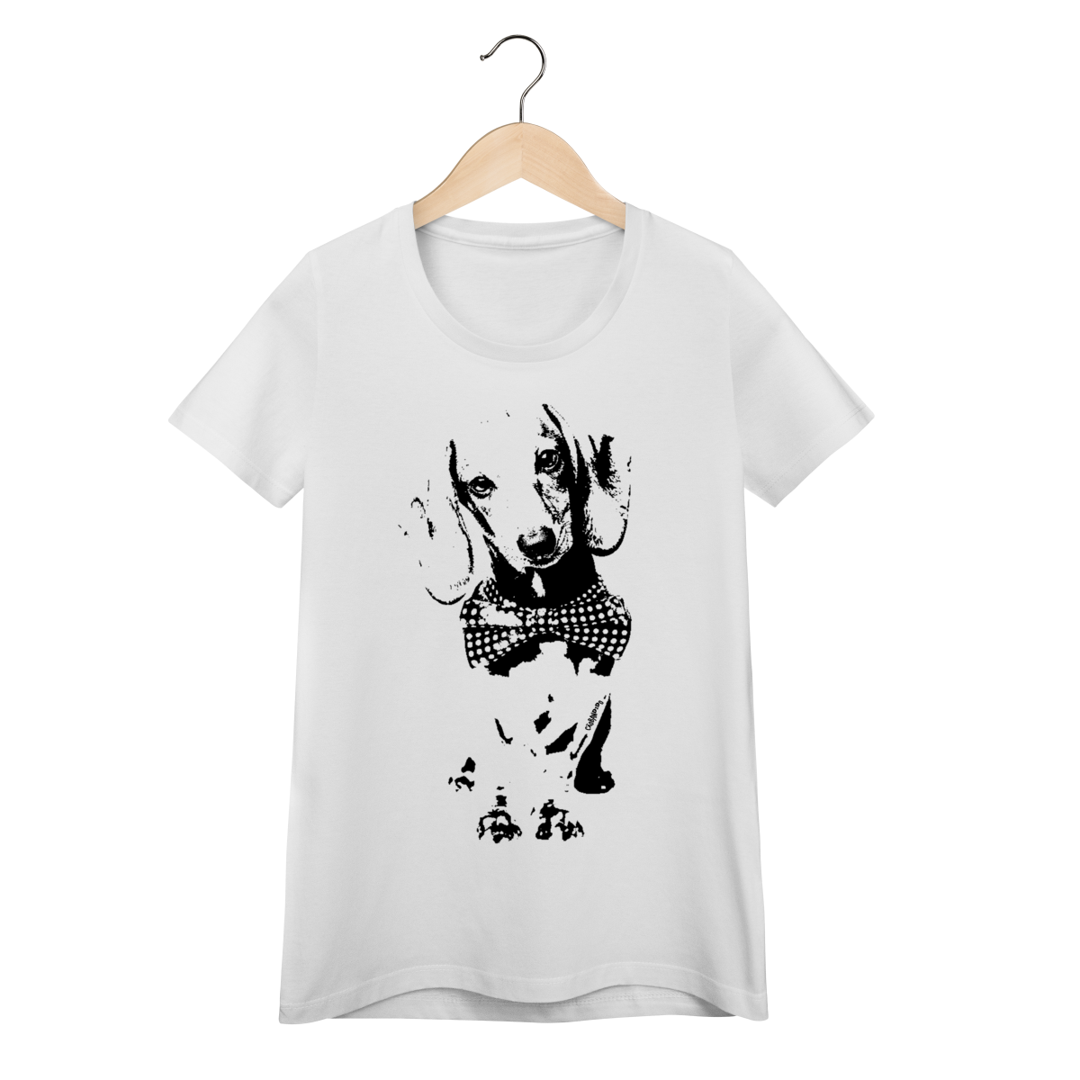 Camiseta Feminina Baby Look Dachshund de Gravatinha em Preto e Branco