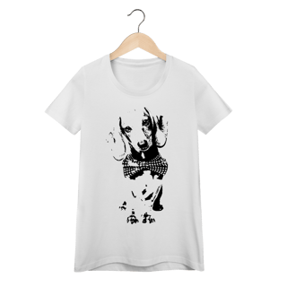 Camiseta Feminina Baby Look Dachshund de Gravatinha em Preto e Branco