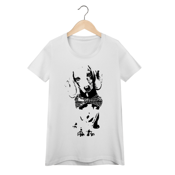 Camiseta Feminina Baby Look Dachshund de Gravatinha em Preto e Branco