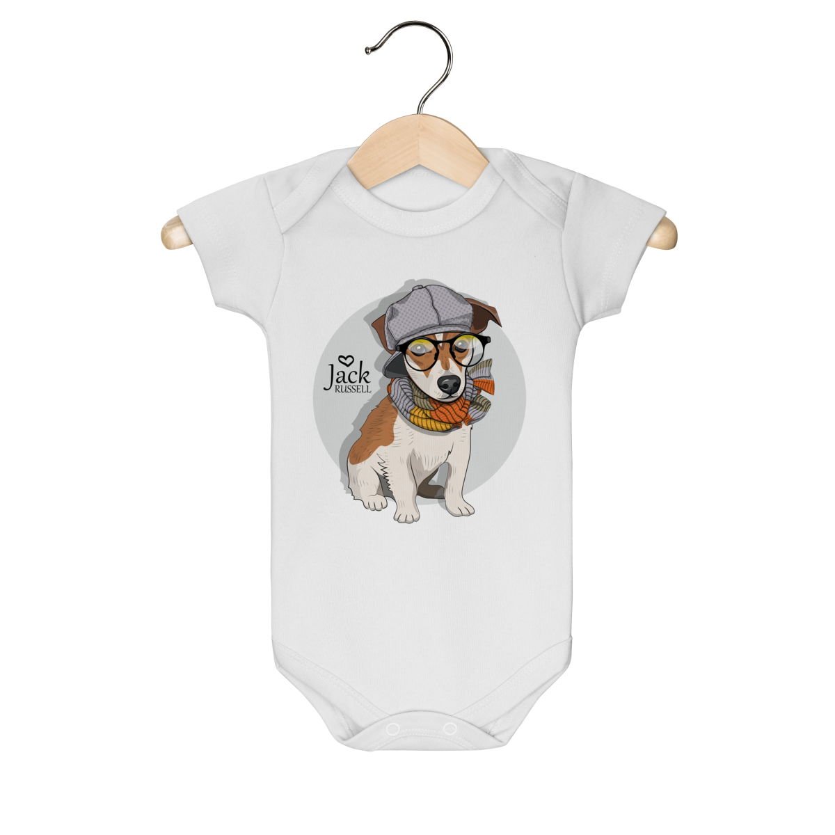 Nome do produto: Body Bebê Jack Russell de Óculos e Cachecol