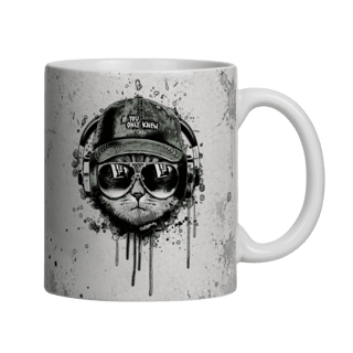 Nome do produto Caneca Gato Ouvindo Música de Boné e Óculos