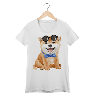 Nome do produto Camiseta Feminina Baby Look Akita Filhote de Óculos e Gravatinha