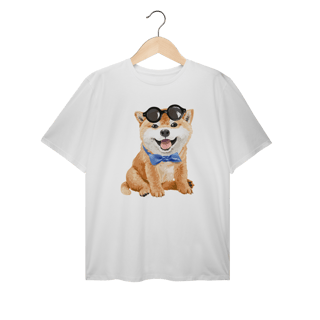 Nome do produto Camiseta Plus Size Akita Filhote de Óculos e Gravatinha