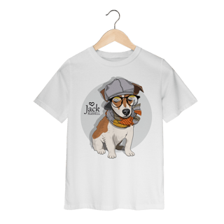 Nome do produto Camiseta Infantil Jack Russell de Óculos e Cachecol