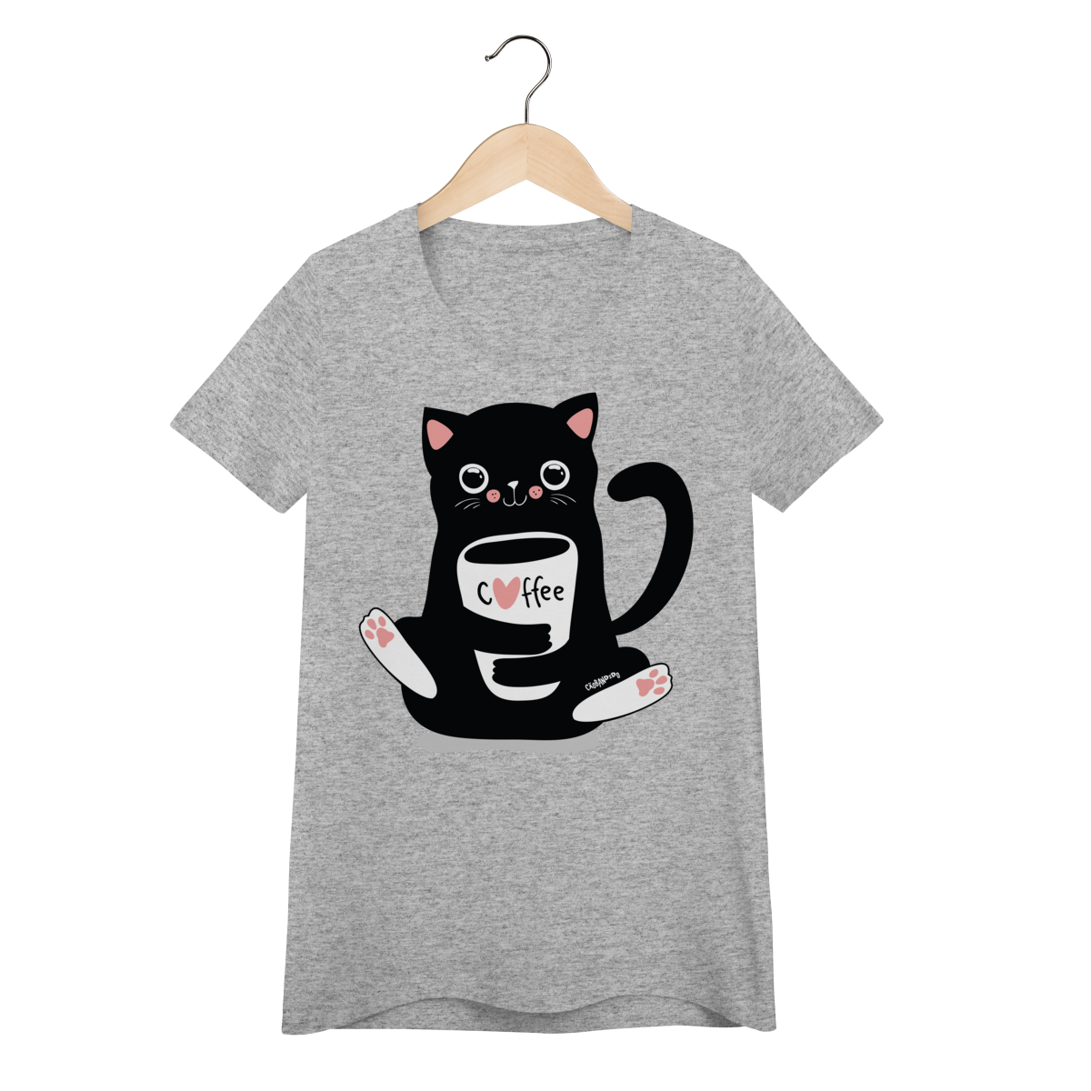 Nome do produto: Camiseta Feminina Baby Look Gato Preto Café