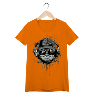 Nome do produto Camiseta Feminina Baby Look Gato Ouvindo Música de Boné e Óculos