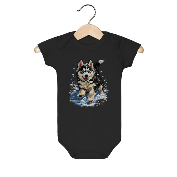 Body Bebê Husky Siberiano Correndo na Neve