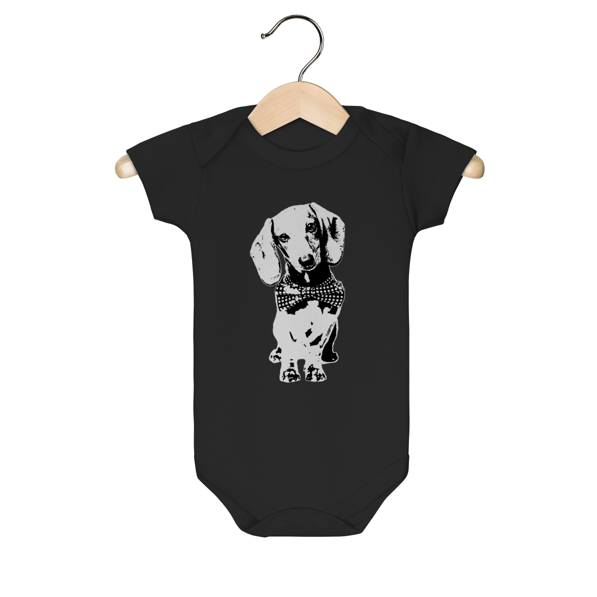 Body Bebê Dachshund de Gravatinha em Preto e Branco