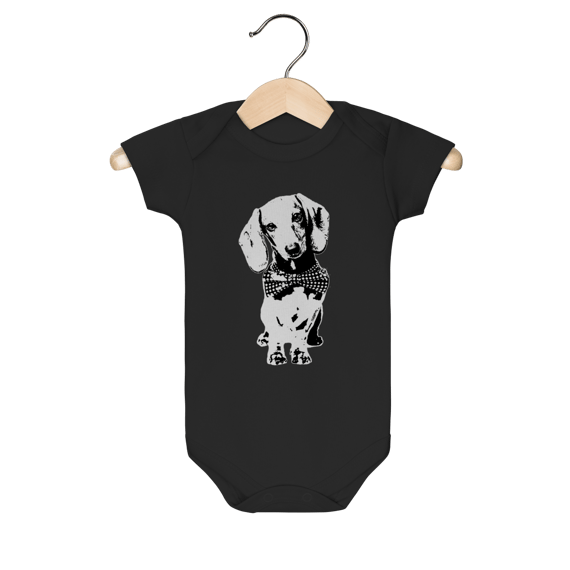 Body Bebê Dachshund de Gravatinha em Preto e Branco