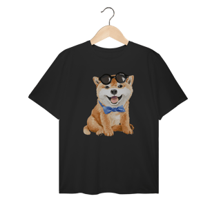 Nome do produto Camiseta Plus Size Akita Filhote de Óculos e Gravatinha