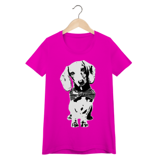 Nome do produto Camiseta Feminina Baby Look Dachshund de Gravatinha em Preto e Branco