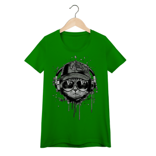 Nome do produto Camiseta Feminina Baby Look Gato Ouvindo Música de Boné e Óculos