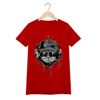 Nome do produto Camiseta Feminina Baby Look Gato Ouvindo Música de Boné e Óculos
