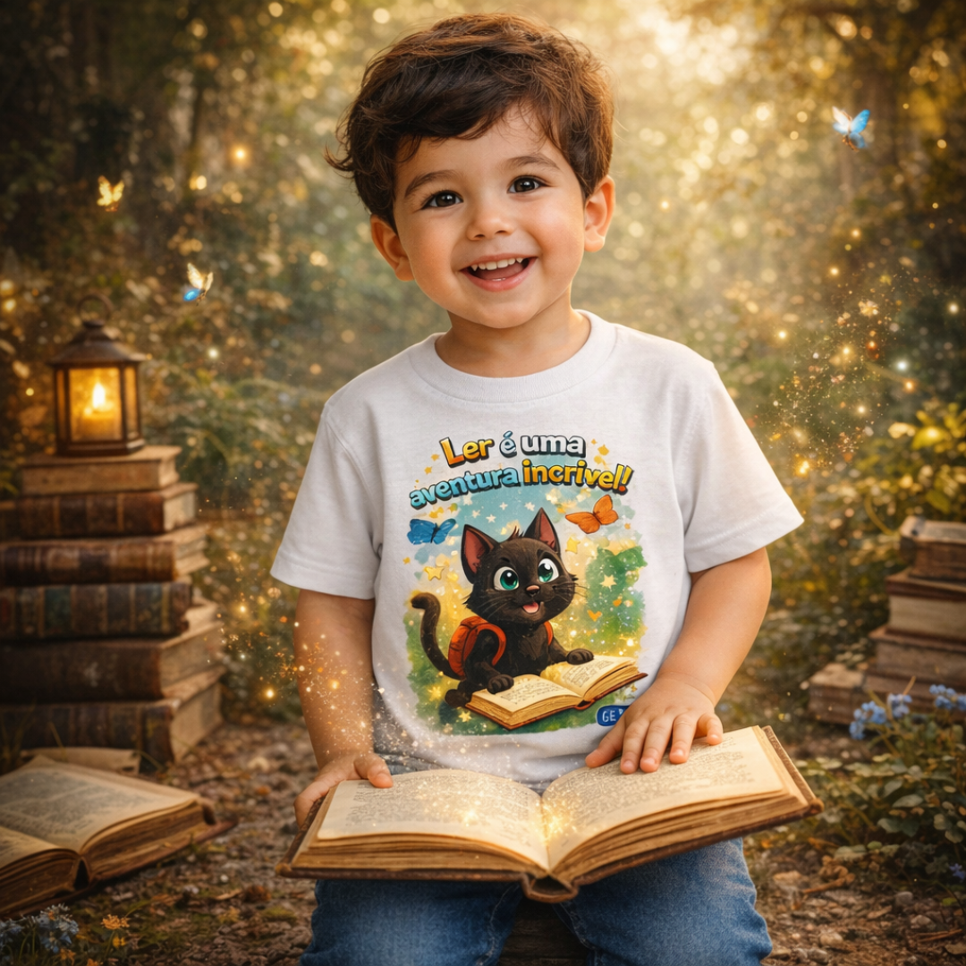 Nome do produto: Camiseta Infantil Pedro Ler é uma Aventura Incrível