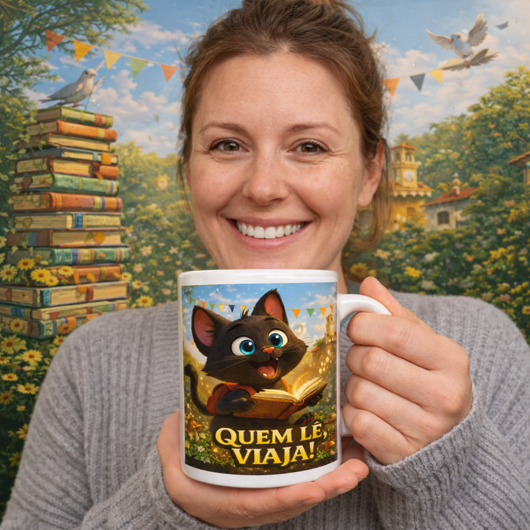 Nome do produto: Caneca Quem LÊ Viaja
