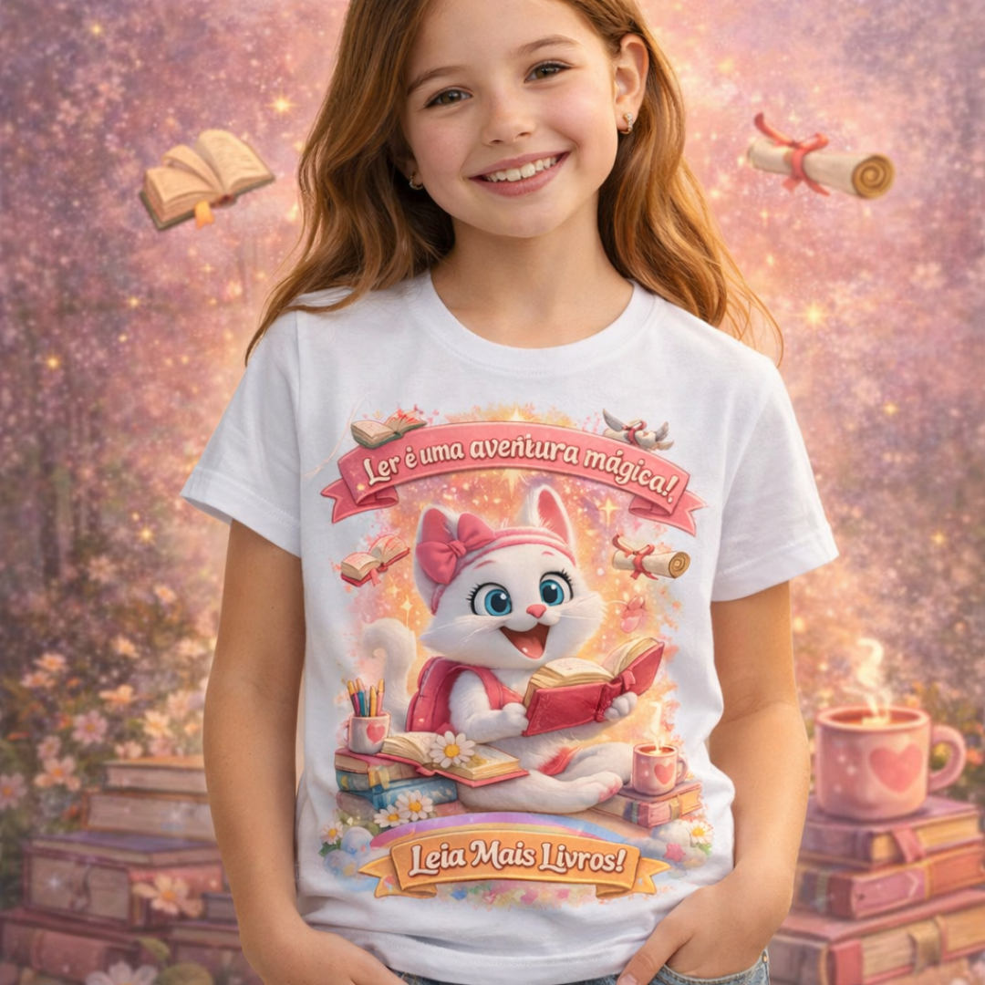 Nome do produto: Camiseta Infantil Duda Ler É uma Aventura Mágica