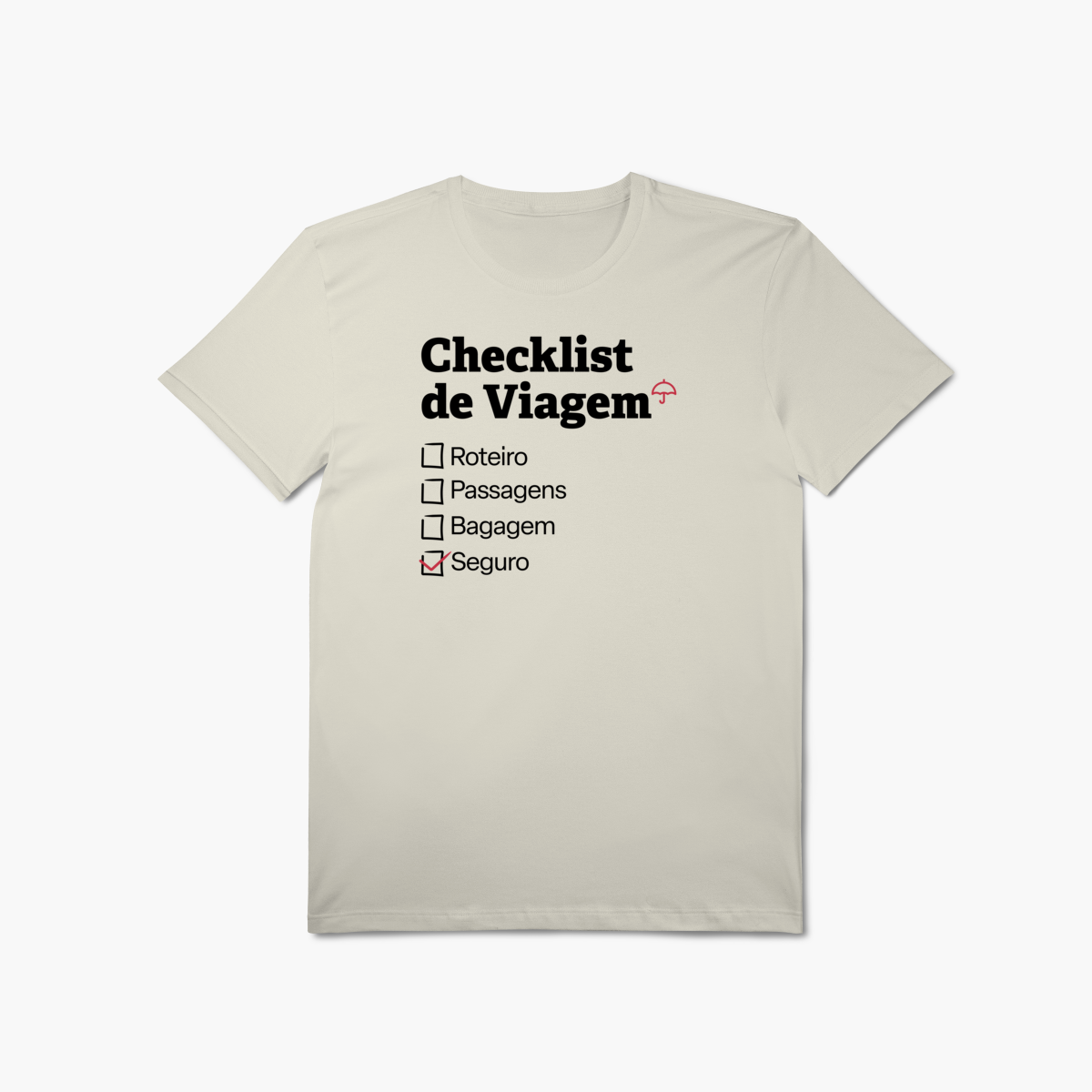 Nome do produto: Checklist de Viagem com Seguro Viagem (T-Shirt Algodão Pima)