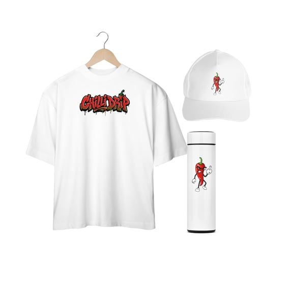 KIT CHILLI DRIP  CRAZY CHILLI CAMISETA + BONÉ + GARRAFA TERMICA