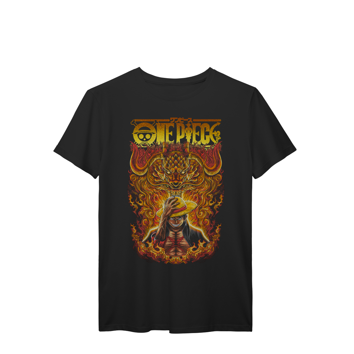 Camiseta Monkey D. Luffy Chamas Douradas Anime Premium