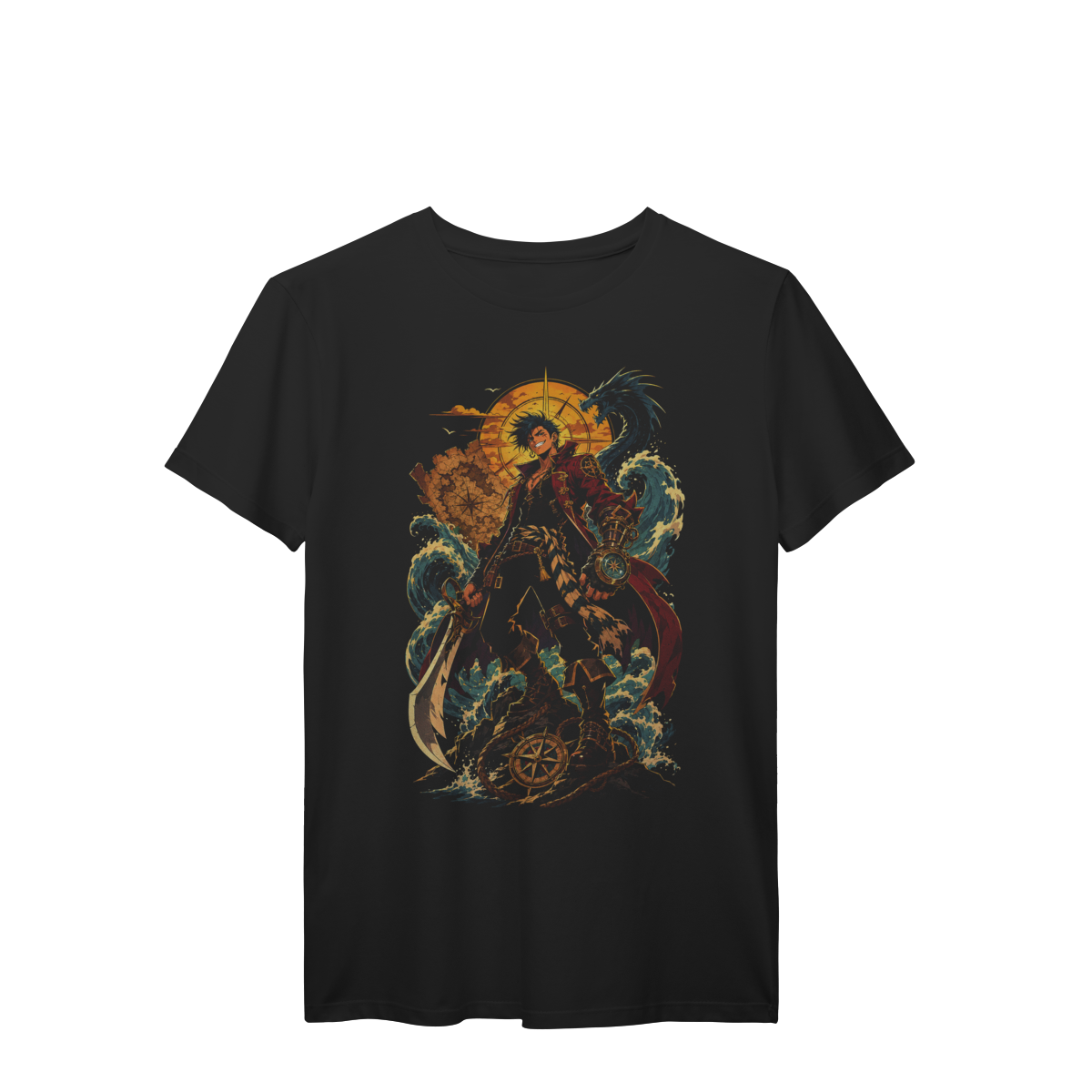 Camiseta Capitão Pirata das Marés Douradas com Dragão Marinho Premium