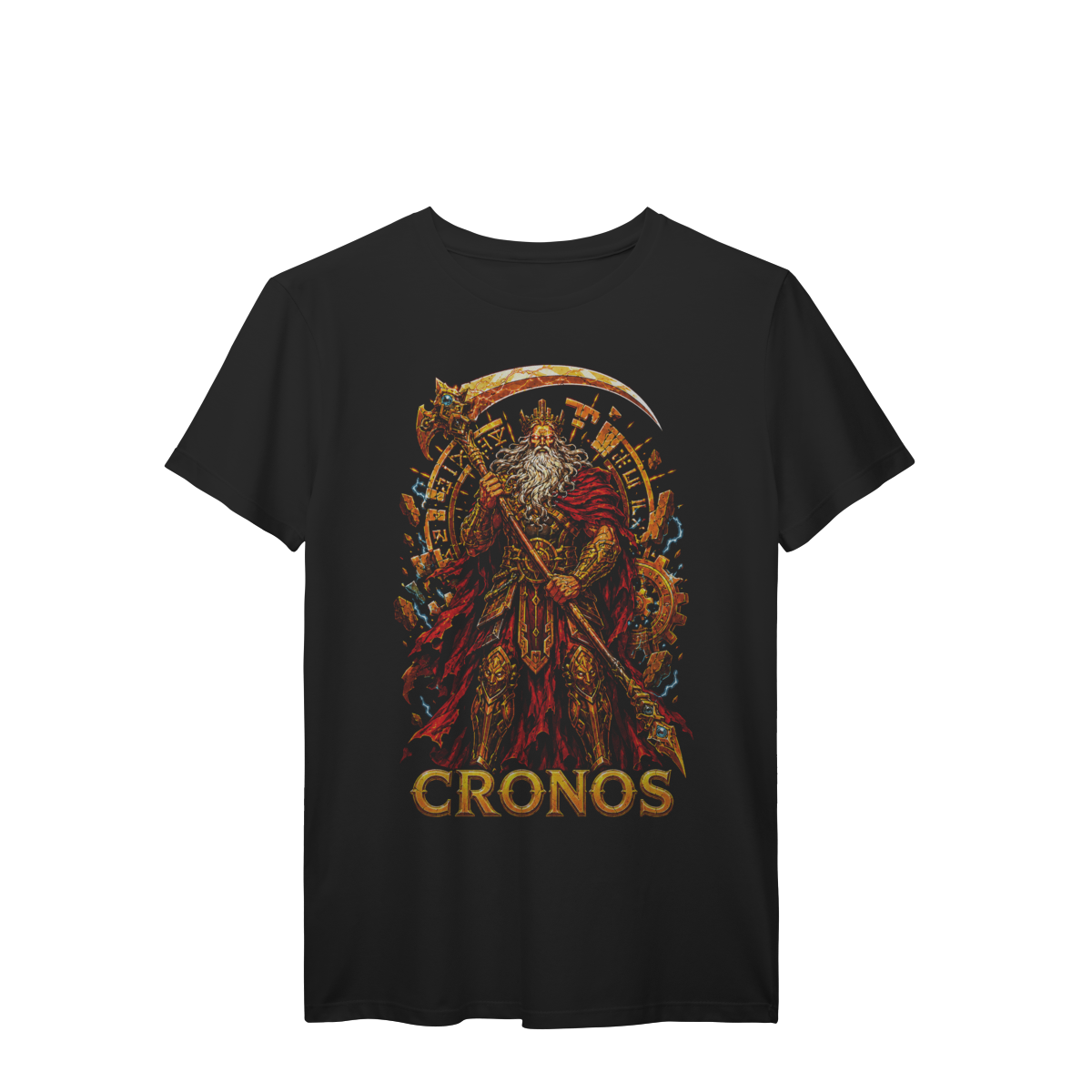 Camiseta Cronos Titã do Tempo Mitologia Grega com Foice Dourada Premium