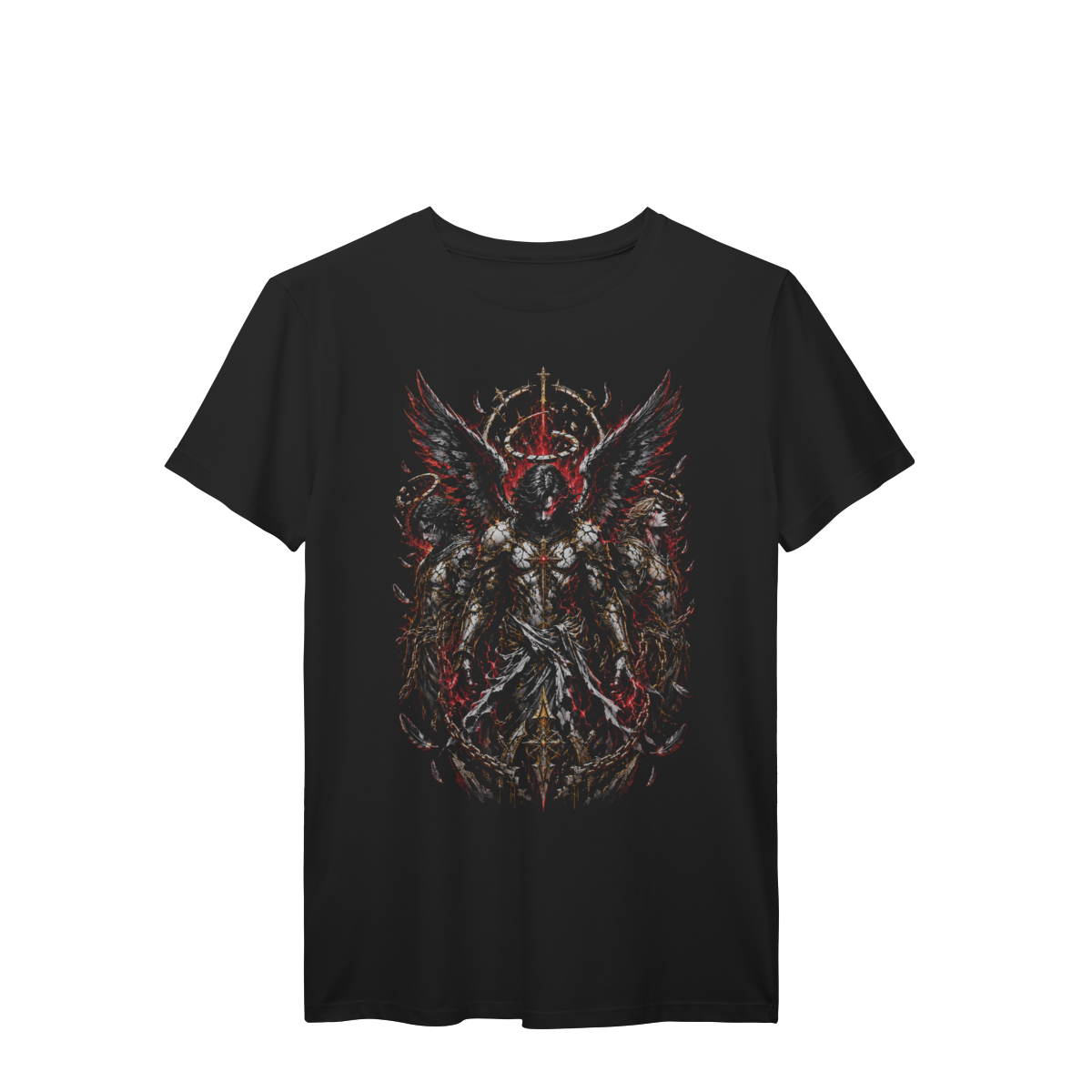 Camiseta Trio de Guerreiros Alados com Asas Negras e Energia Vermelha Premium
