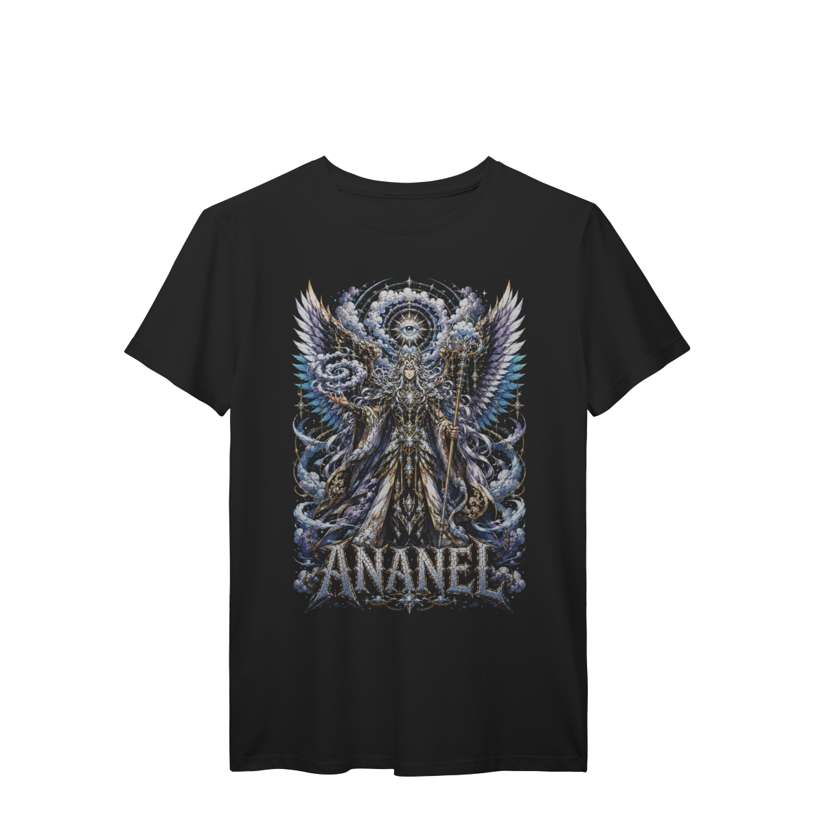 Camiseta Ananel Guardião Celestial Olho Místico Asas Azuis Premium